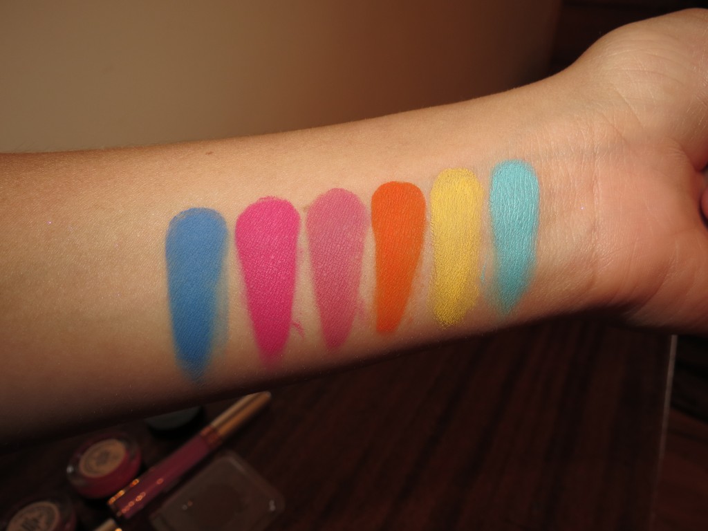 Left to Right: Ocean, Barbie Pink, Sunset, Coral Reef, Yellow, and Ice Blue (With flash)
